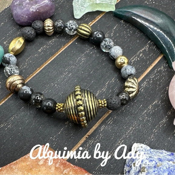 Chunky brass Snowflake obsidian beaded bracelet tourmaline lava rock - Picture 1 of 4